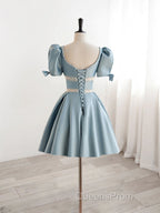 Short Sleeves Short Blue Evening Prom Dress, Short Blue Formal Homecoming Dress