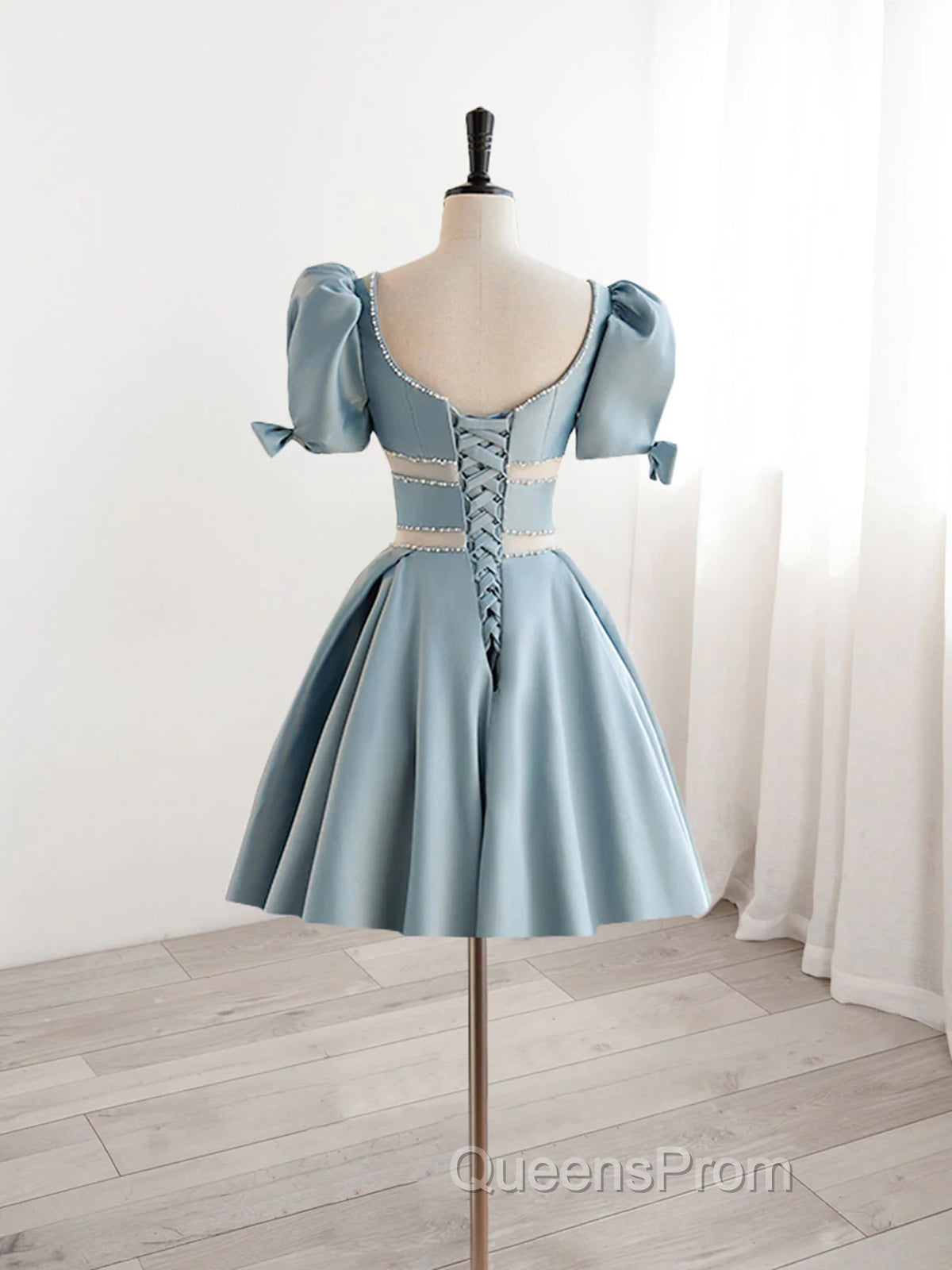 Short Sleeves Short Blue Evening Prom Dress, Short Blue Formal Homecoming Dress