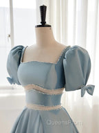 Short Sleeves Short Blue Evening Prom Dress, Short Blue Formal Homecoming Dress