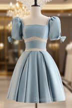 Short Sleeves Short Blue Evening Prom Dress, Short Blue Formal Homecoming Dress