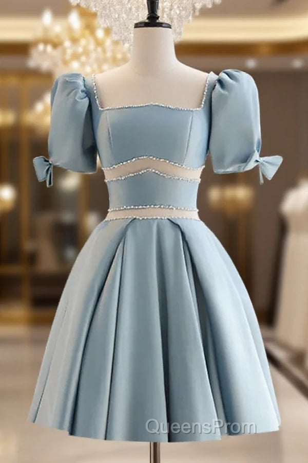 Short Sleeves Short Blue Evening Prom Dress, Short Blue Formal Homecoming Dress