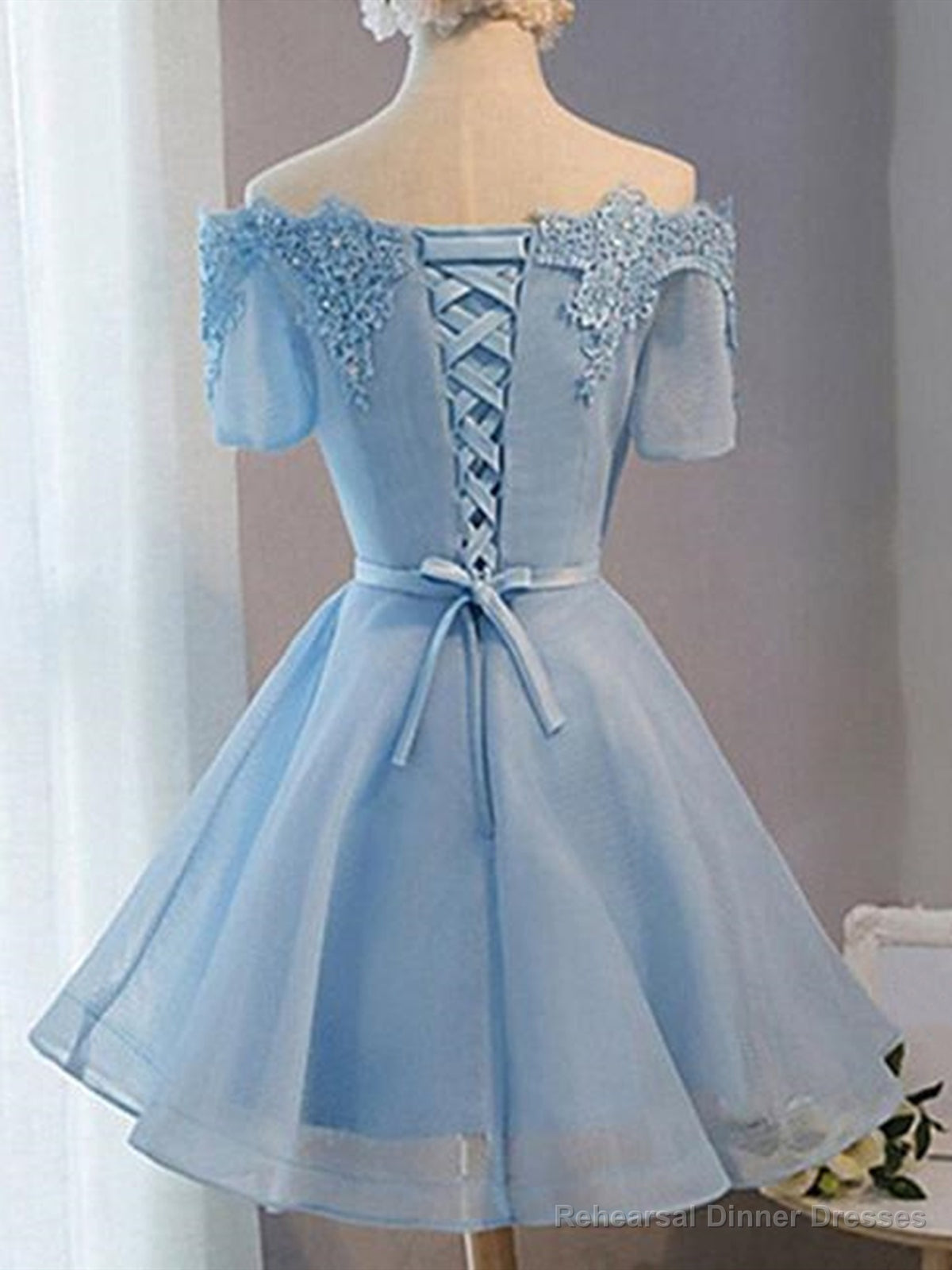Short Sleeves Short Blue Prom Dresses with Lace-up, Short Blue Homecoming Graduation Dresses Secondary image