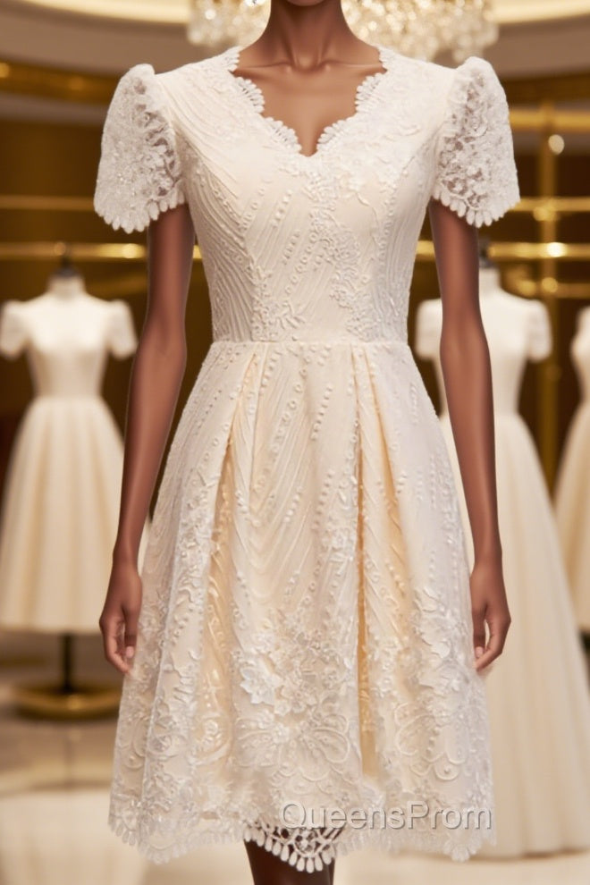 Short Sleeves Short Champagne Lace Evening Prom Dress, Short Champagne Lace Formal Wedding Dress Main image