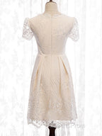 Short Sleeves Short Champagne Lace Evening Prom Dress, Short Champagne Lace Formal Wedding Dress