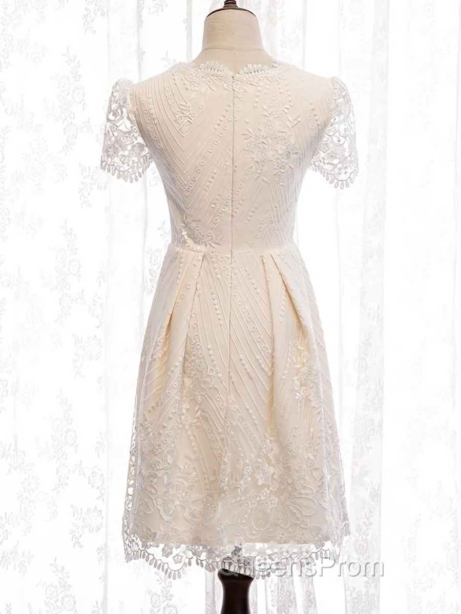 Short Sleeves Short Champagne Lace Evening Prom Dress, Short Champagne Lace Formal Wedding Dress