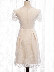 Short Sleeves Short Champagne Lace Evening Prom Dress, Short Champagne Lace Formal Wedding Dress