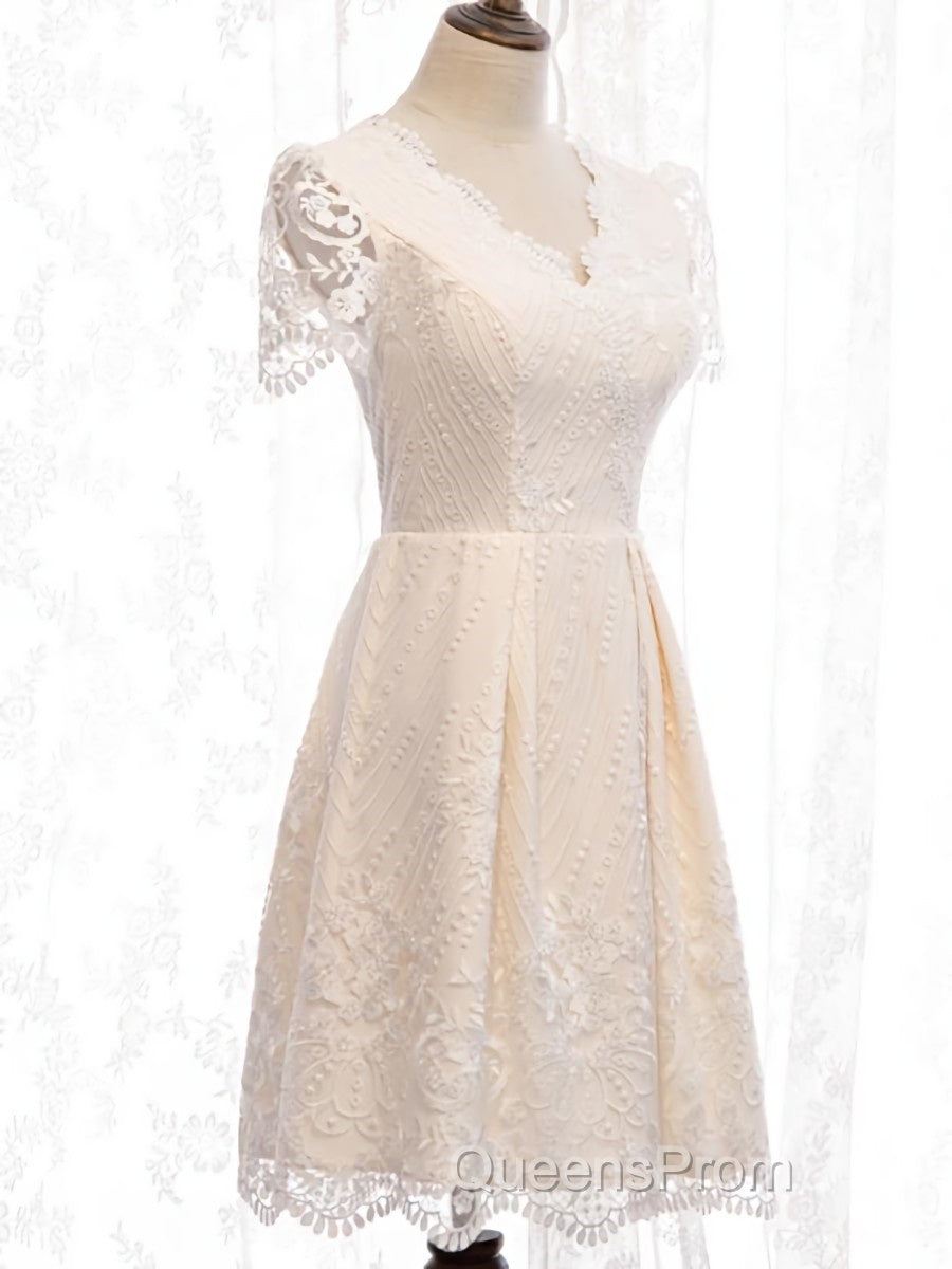 Short Sleeves Short Champagne Lace Evening Prom Dress, Short Champagne Lace Formal Wedding Dress