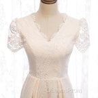 Short Sleeves Short Champagne Lace Evening Prom Dress, Short Champagne Lace Formal Wedding Dress