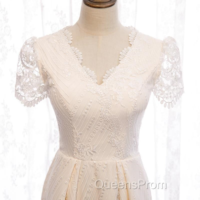 Short Sleeves Short Champagne Lace Evening Prom Dress, Short Champagne Lace Formal Wedding Dress