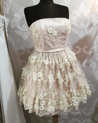 Short Strapless Homecoming Dress With 3D Lace Flowers