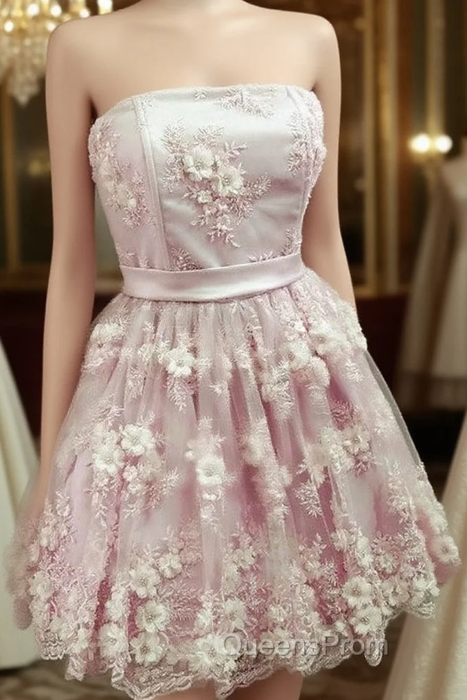 Short Strapless Homecoming Dress With 3D Lace Flowers Main image