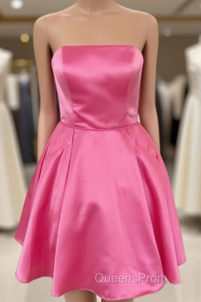 Short Strapless Pink Evening Prom Dress, Short Pink Graduation Homecoming Dress