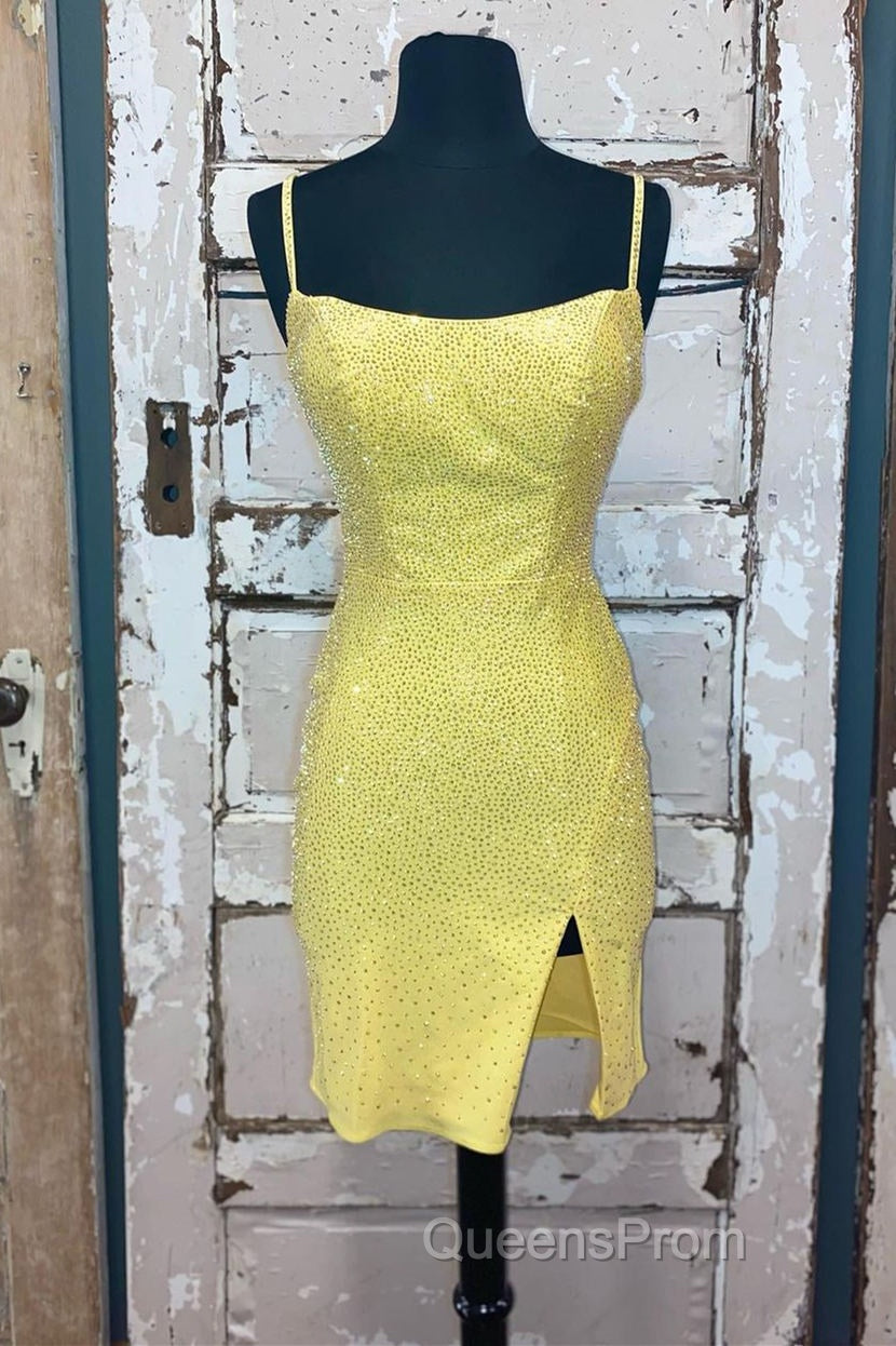 Short Tight Yellow Homecoming Dress,Crystal Beaded Semi Formal Dress Secondary image