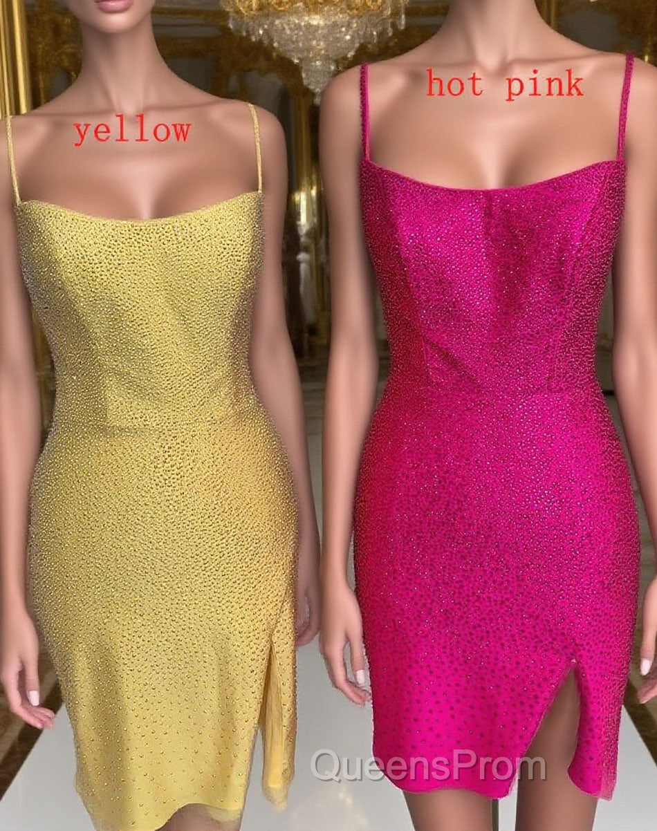 Short Tight Yellow Homecoming Dress,Crystal Beaded Semi Formal Dress Main image