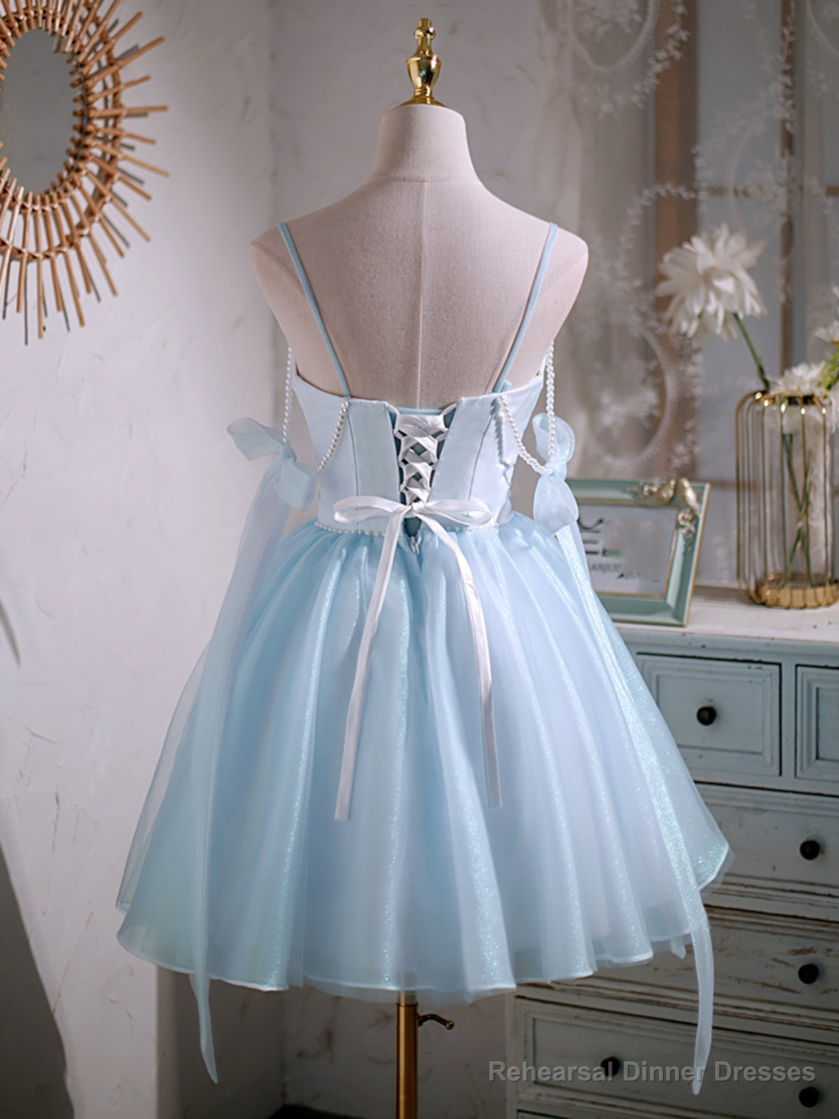 Short V Neck Beaded Blue Prom Dresses, Short Blue V Neck Formal Homecoming Dresses Secondary image