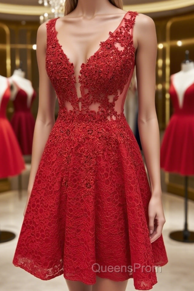Short V Neck Lace Evening Prom Dress, Short Red V Neck Lace Homecoming Graduation Dress