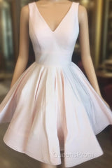 Short V Neck Light Pink Satin Evening Prom Dress, Short V Neck Pink Formal Graduation Dress
