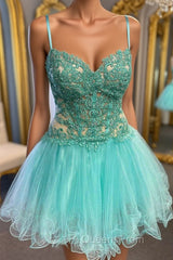 Short V Neck Mint Green Lace Evening Prom Dress, Short Mint Green Lace Formal Homecoming Dress