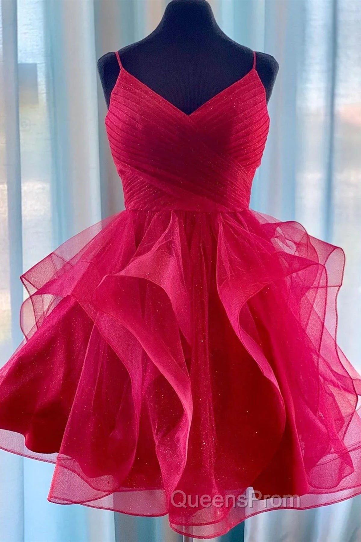 Short V Neck Puffy Evening Prom Dress, Short V Neck Formal Homecoming Dress