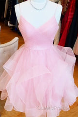 Short V Neck Puffy Evening Prom Dress, Short V Neck Formal Homecoming Dress