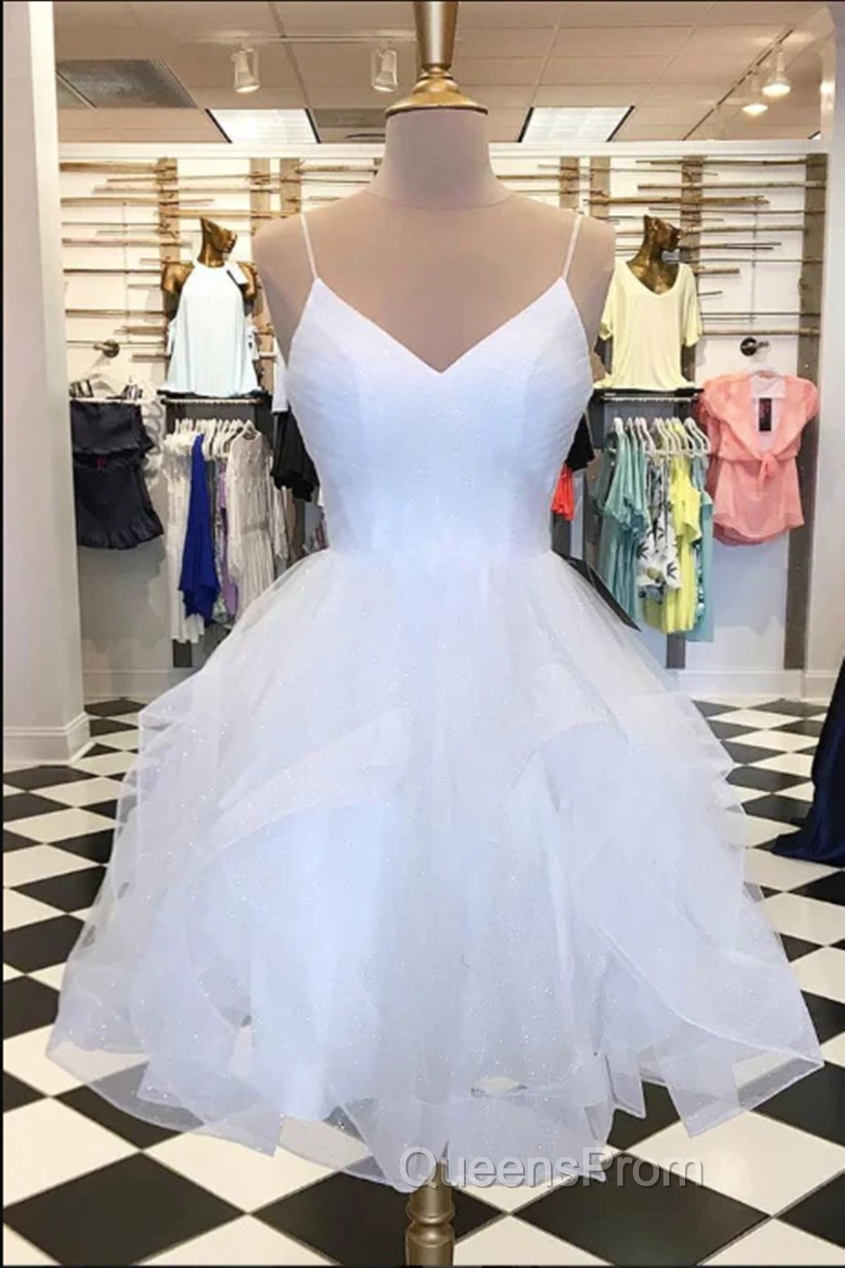Short V Neck Puffy Evening Prom Dress, Short V Neck Formal Homecoming Dress