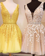 Short V-neck Tulle Evening Prom Homecoming Dress Lace Embroidery