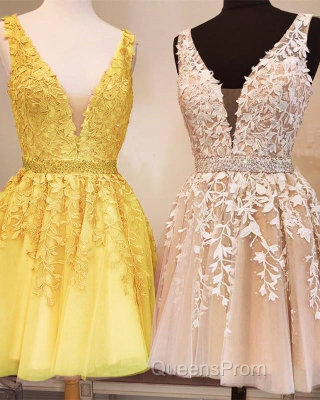 Short V-neck Tulle Evening Prom Homecoming Dress Lace Embroidery
