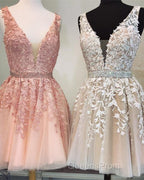 Short V-neck Tulle Evening Prom Homecoming Dress Lace Embroidery