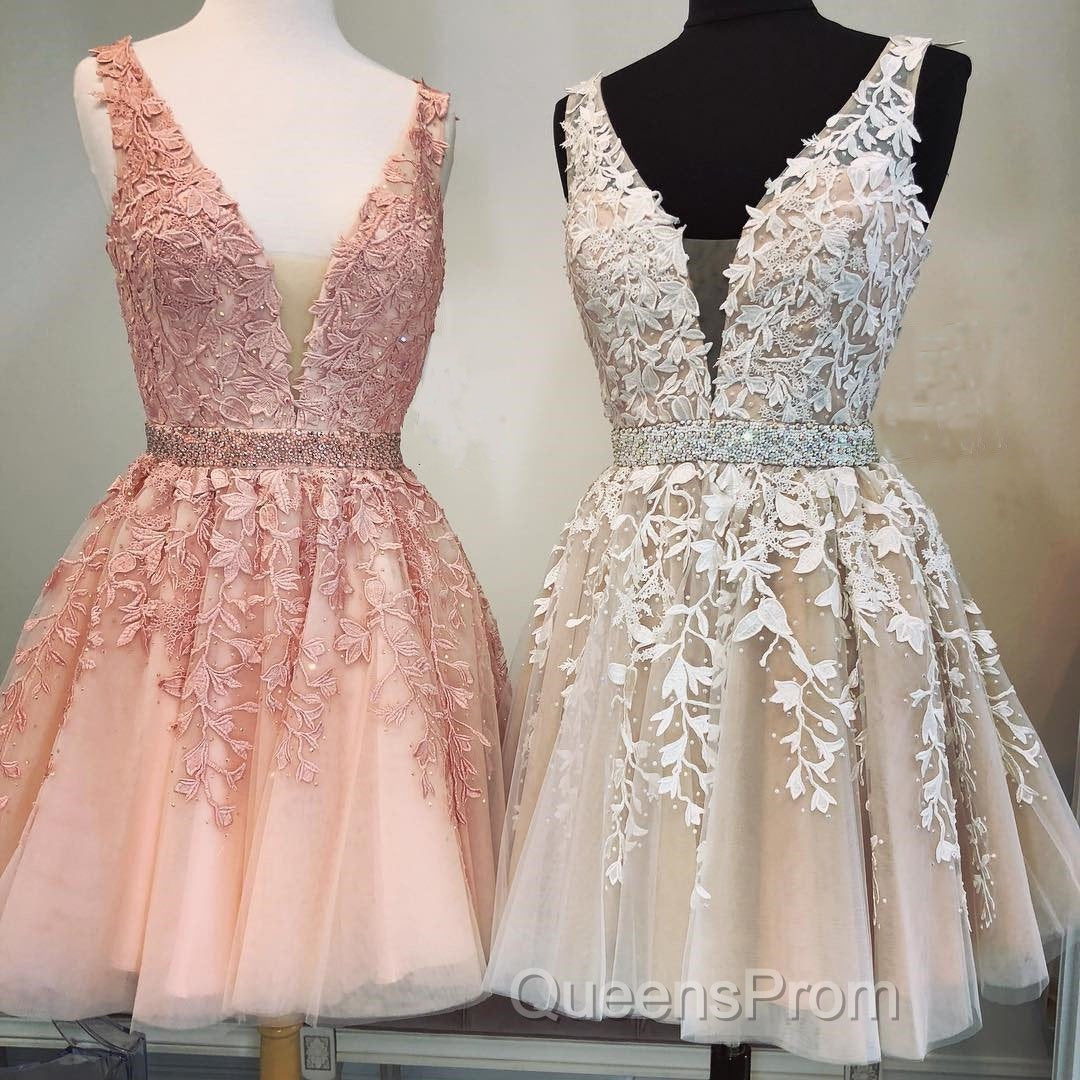 Short V-neck Tulle Evening Prom Homecoming Dress Lace Embroidery