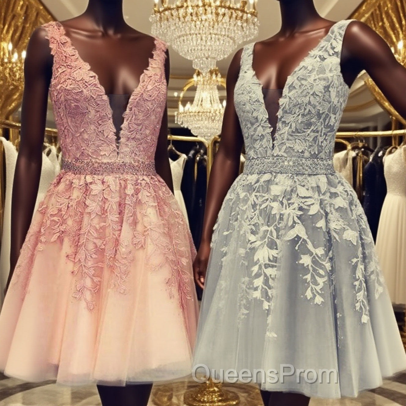 Short V-neck Tulle Evening Prom Homecoming Dress Lace Embroidery Main image
