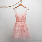 Short V-neckline Tulle with Applique Short Formal Dress, Cute Party Dress