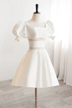Short White Beaded Evening Prom Dress, Short White Beaded Formal Homecoming Dress