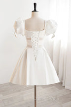 Short White Beaded Evening Prom Dress, Short White Beaded Formal Homecoming Dress