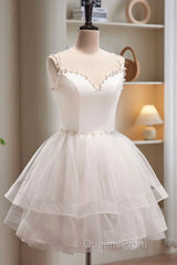 Short White Tulle Evening Prom Dress, Short White Tulle Homecoming Graduation Dress