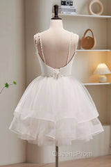 Short White Tulle Evening Prom Dress, Short White Tulle Homecoming Graduation Dress