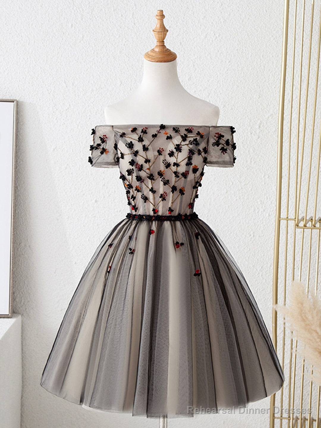 Cute Tulle Short Prom Dress with Flowers, Black Tulle Party Dress Main image