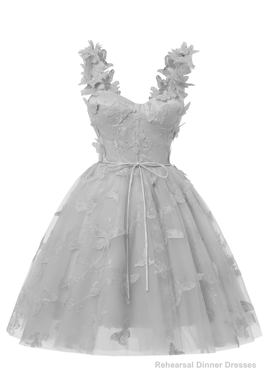 Silver 3D Butterfly Lace Applique Tulle Homecoming Dress for Teens Sweetheart Mini Short Prom Dresses Main image