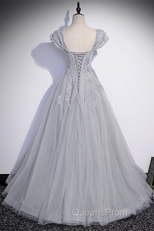 Silver A-line Long Evening Prom Dress with Cap Sleeves Secondary image