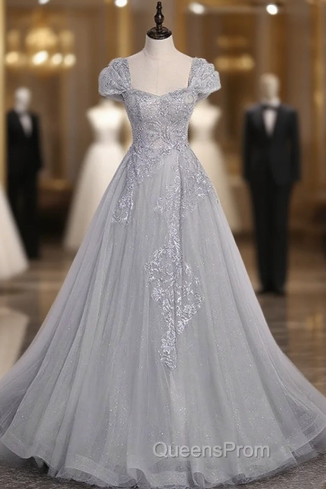 Silver A-line Long Evening Prom Dress with Cap Sleeves Main image