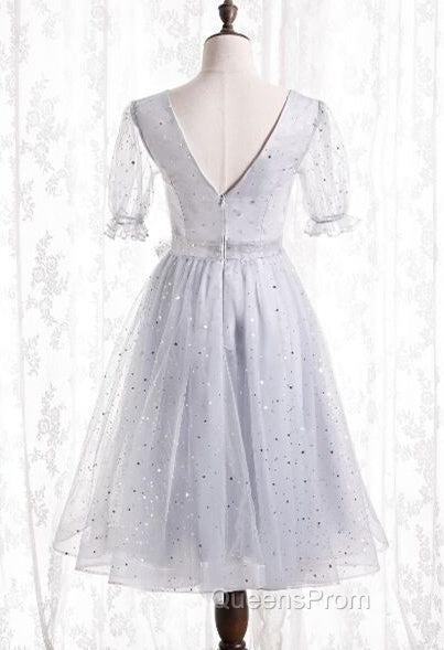 Silver A-Line Short Party Dress Birthday Dress With Short Sleeves Homecoming Dress