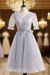 Silver A-Line Short Party Dress Birthday Dress With Short Sleeves Homecoming Dress