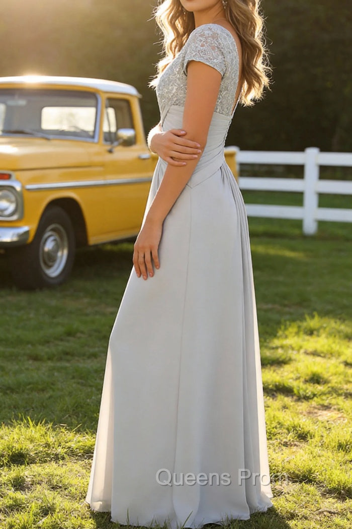 Silver A Line V Neck Ruched Mother Of The Bride Dress
