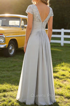 Silver A Line V Neck Ruched Mother Of The Bride Dress