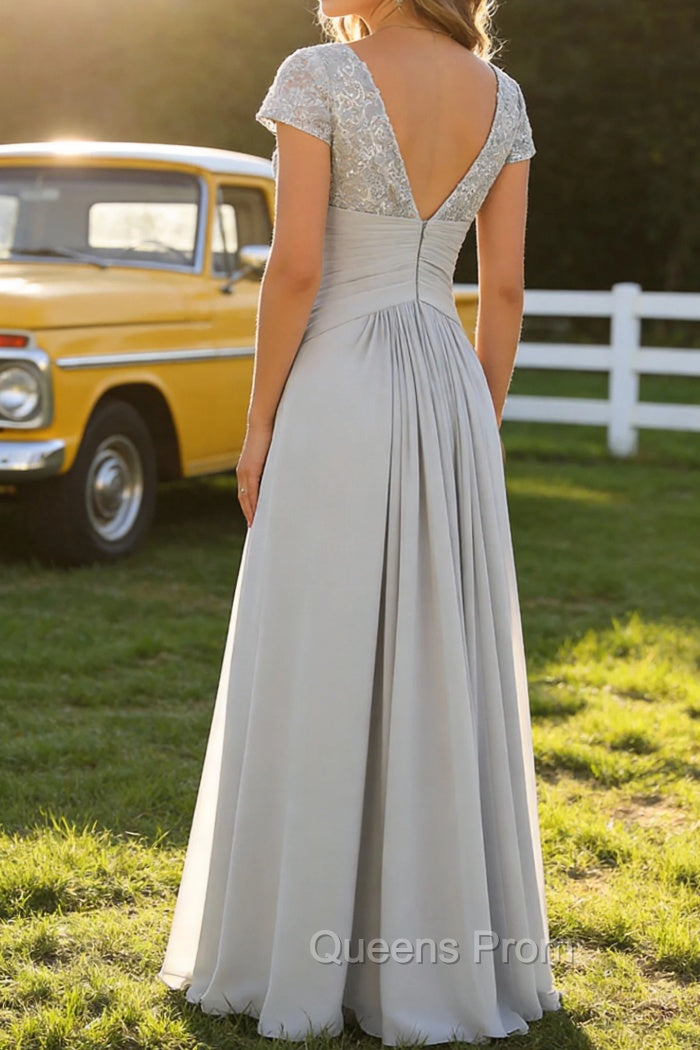 Silver A Line V Neck Ruched Mother Of The Bride Dress