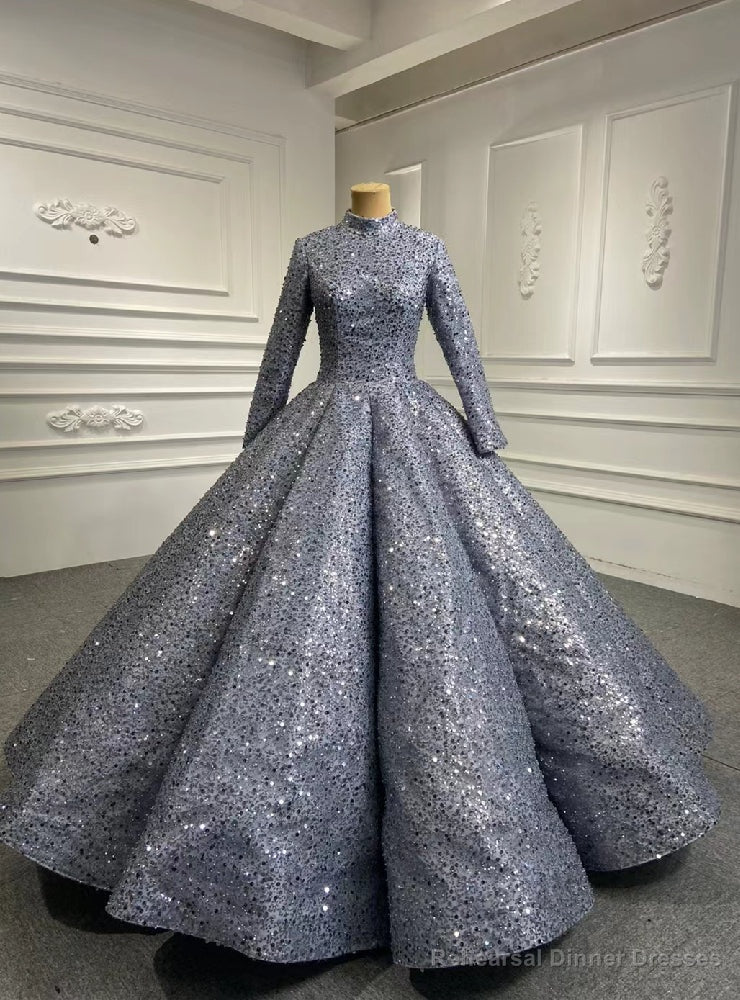 Silver Ball Gown Sequins Long Sleeve Prom Dress Main image