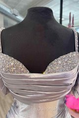 Silver Cold Sleeves Beaded Ruched Mermaid Evening Prom Dress