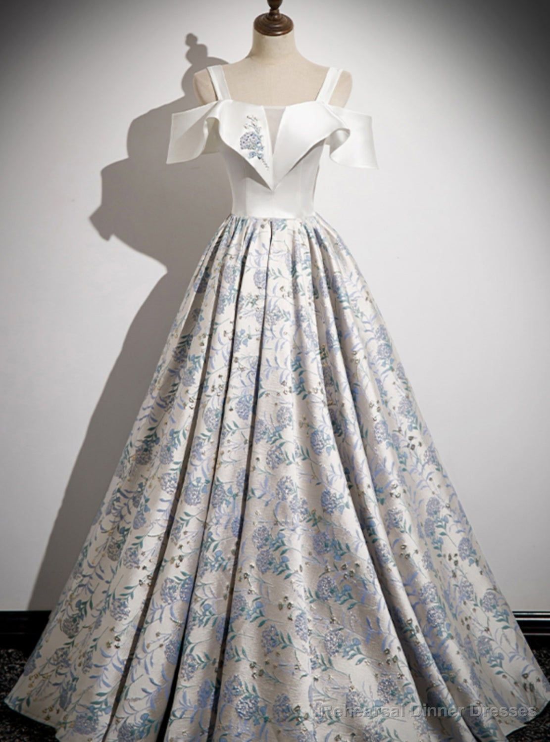 Silver Flower Print Straps Prom Dress