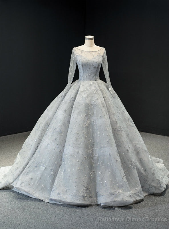 Silver Gray Ball Gown Embroidery Long Sleeve Backless Prom Dress Main image