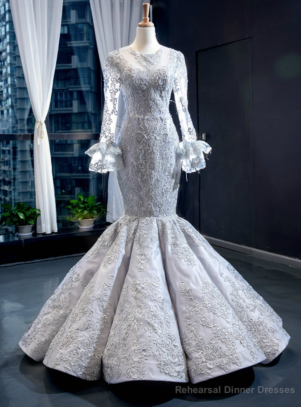 Silver Gray Mermaid Satin Lace Appliques Long Sleeve Luxury Prom Dress Main image