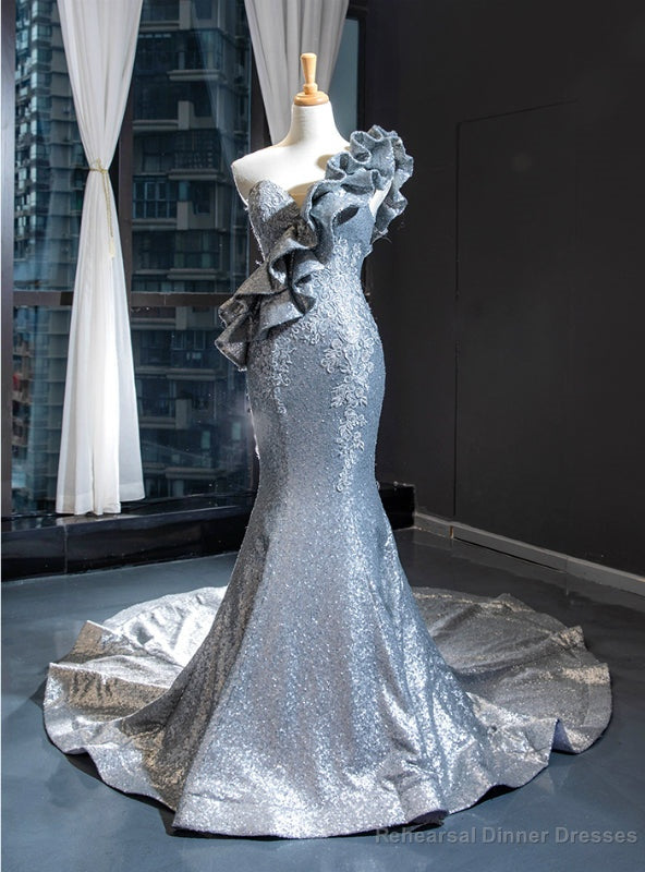 Silver Gray Mermaid Sequins Sleeveless Ruffles Appliques Prom Dress